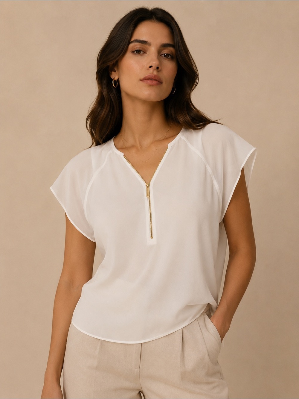 Michael Kors Cream Short-Sleeve Zip-Front Blouse